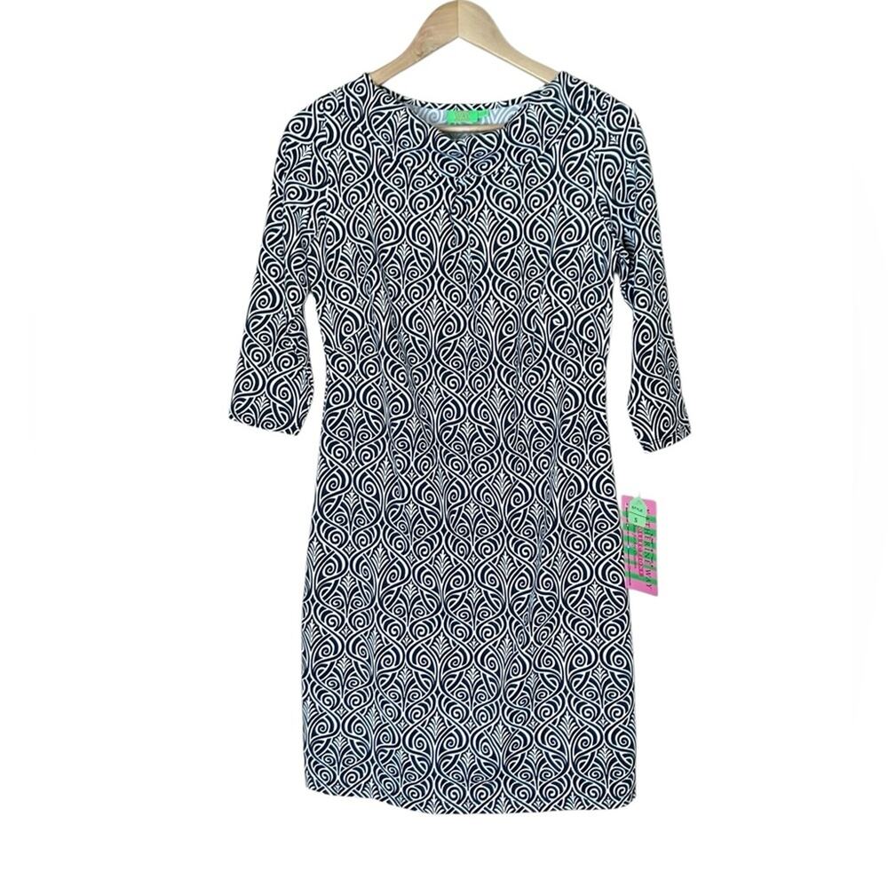 NWT Katherine Way Cowl Neck 3/4 Sleeve SPF Knee Length Swirl Dress Small